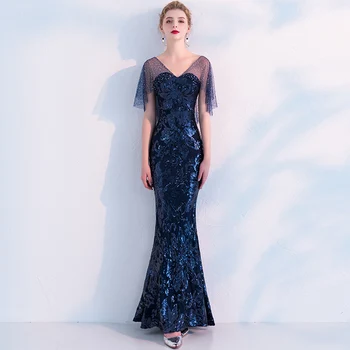

Evening Dresses Navy Blue V-Neck Elgant Party Gowns Shining Sequined Mermaid Long Dress Lace Short Sleeve Robe De Soiree F177