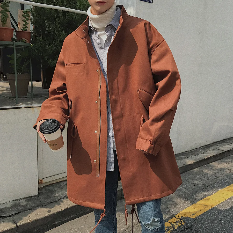 2019 winter mens coat new Hong wind style long collar windbreaker Korean version loose handsome trend Thick section Black