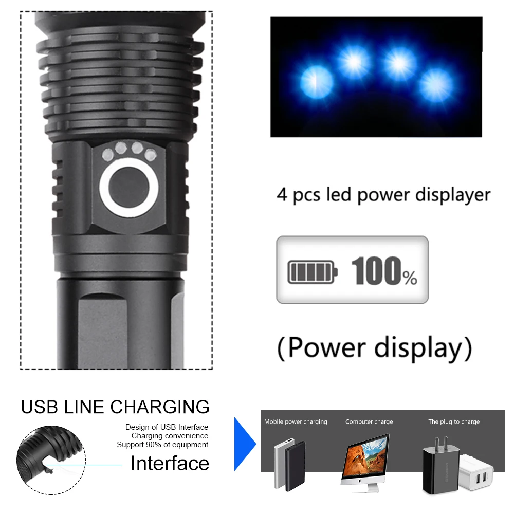 Мощный светодиодный фонарик XHP50 с подзарядкой от USB, водонепроницаемый фонарь 18650 26650 для охоты, лампа для самозащиты