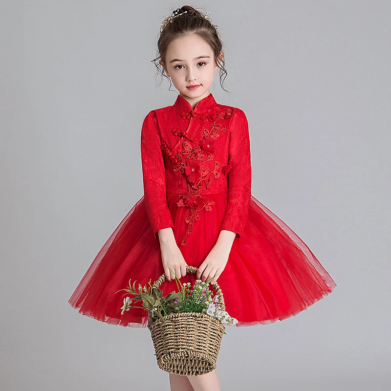 Детское длинное красное платье подружки невесты с цветочной вышивкой для свадебной вечеринки; вечерние платья принцессы на Рождество и год в китайском стиле - Цвет: red 6 short