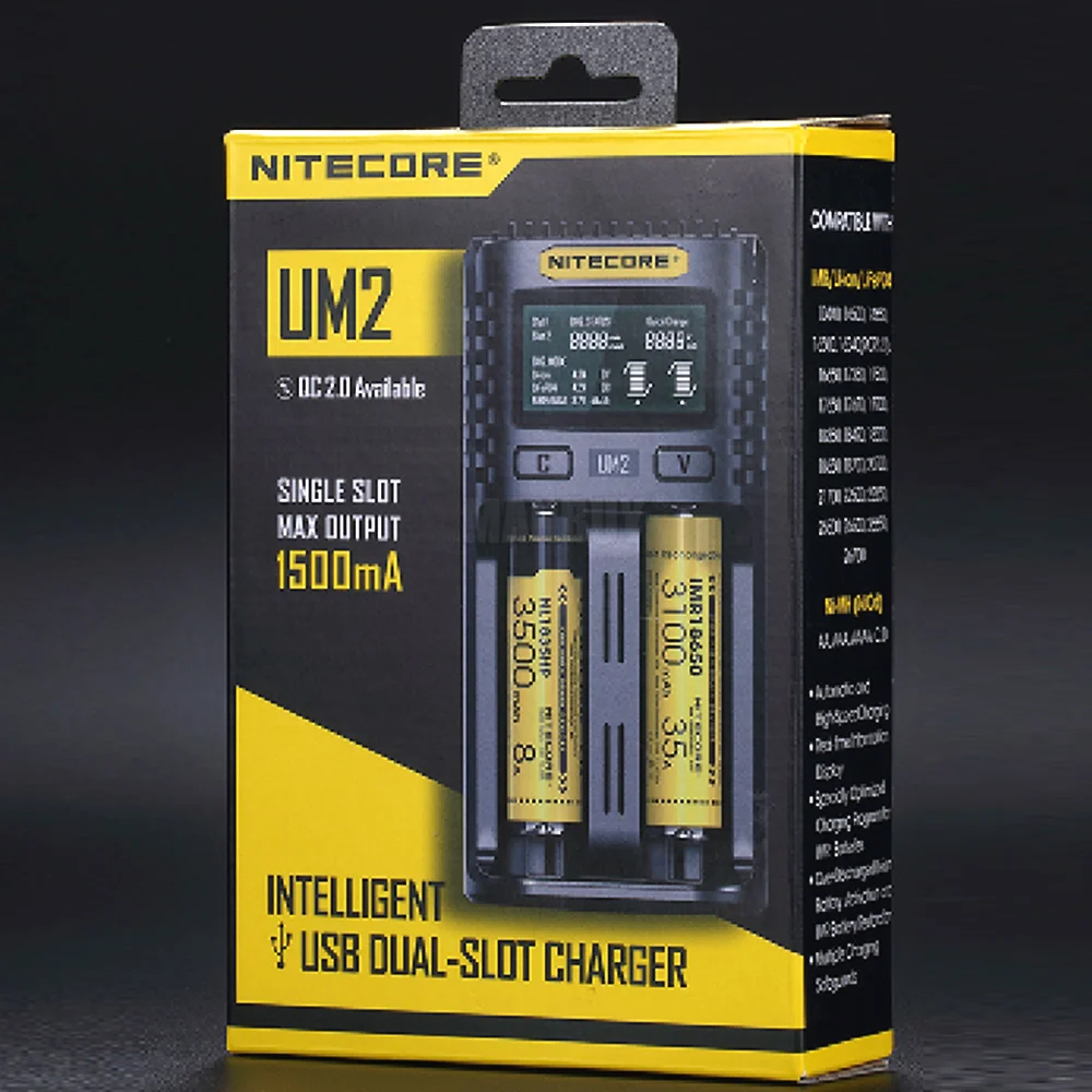 Nitecore UM2 интеллигентая(ый) USB с двумя слотами Зарядное устройство ЖК-дисплей Дисплей Li-Ion IMR Батарея автоматический универсальный Зарядное устройство 3A Мощность адаптер 18650