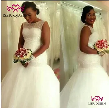 

Appliques Pearls Illusion Neck Sleeveless Sexy Mermaid Wedding Dresses Pure White Africa Stylish Plus Size Tulle Train W0384