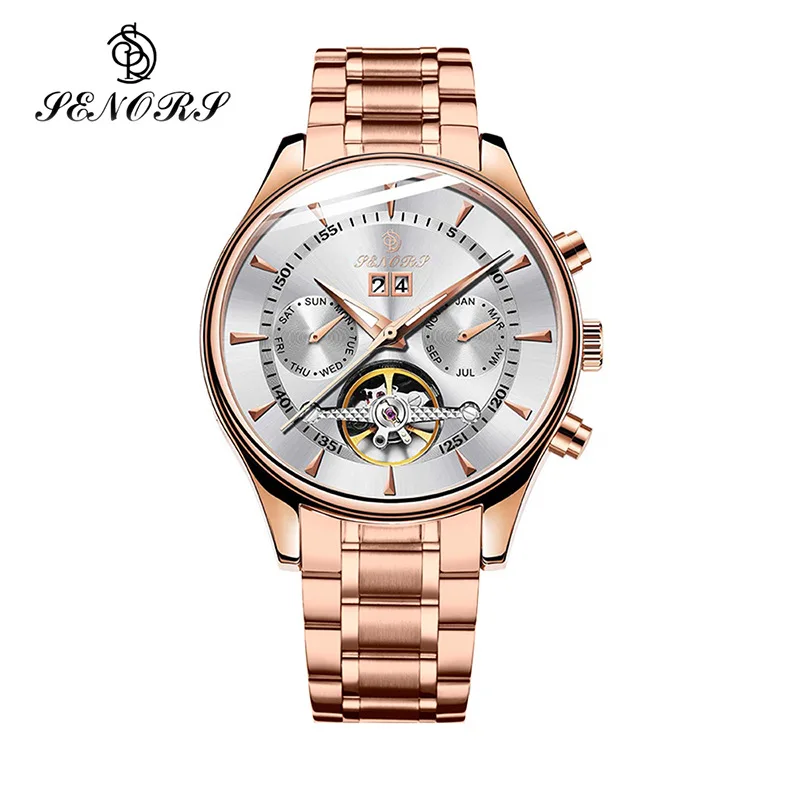 Senors Rose White Men Full-automatic Mechanical Watch Tourbillon Luxury Fashion Brand Stainless Steel Man Multifunctional Watch