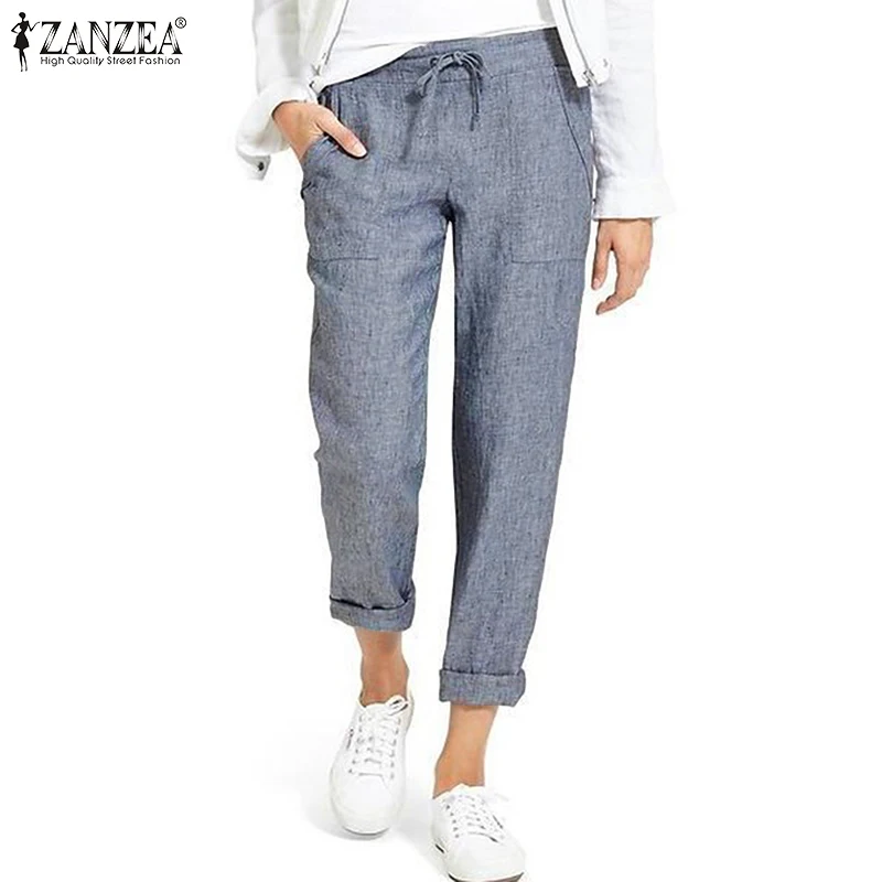 Летние брюки больших размеров женские шаровары 2019 г. ZANZEA осенние брюки с эластичной резинкой на талии женские Палаццо тренировочные брюки