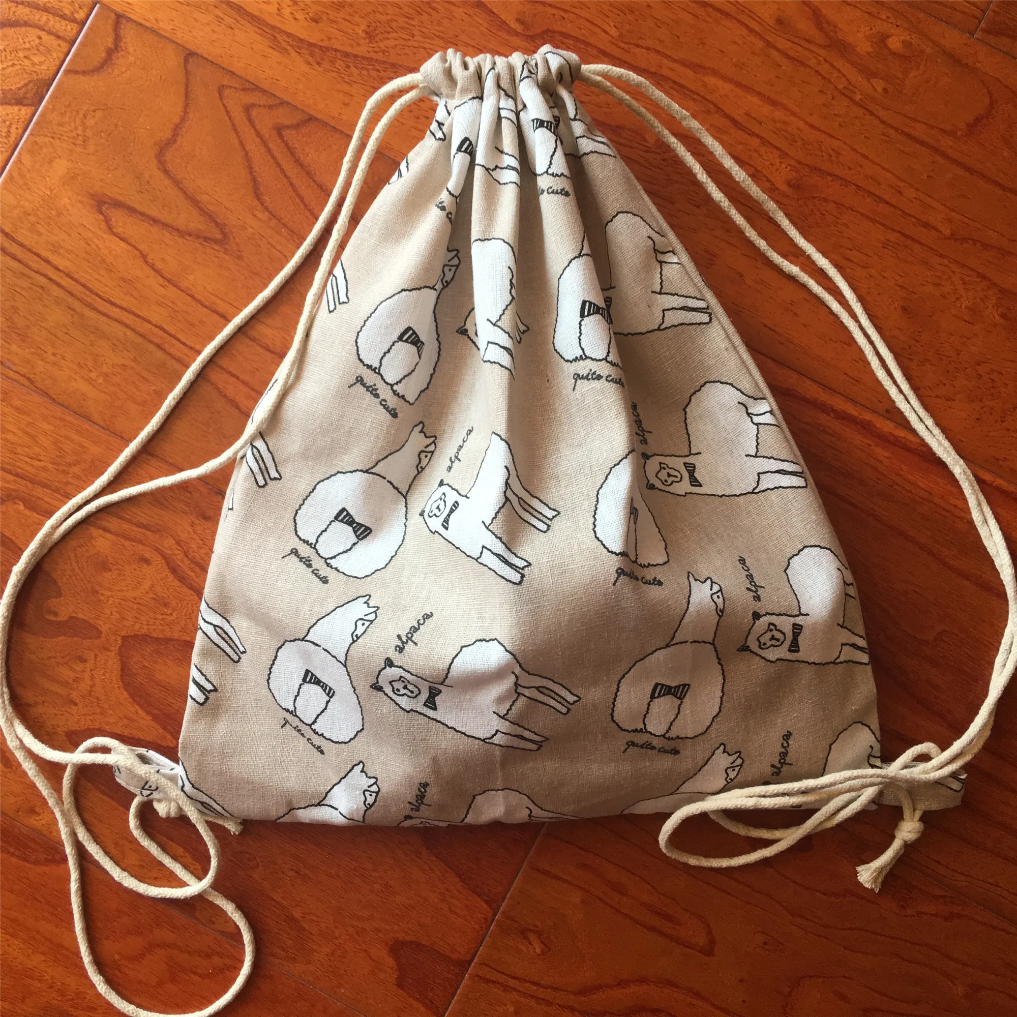 

Cotton Linen Eco Drawstring Backpack Student Book Shoes Bag Alpaca Khaki YL
