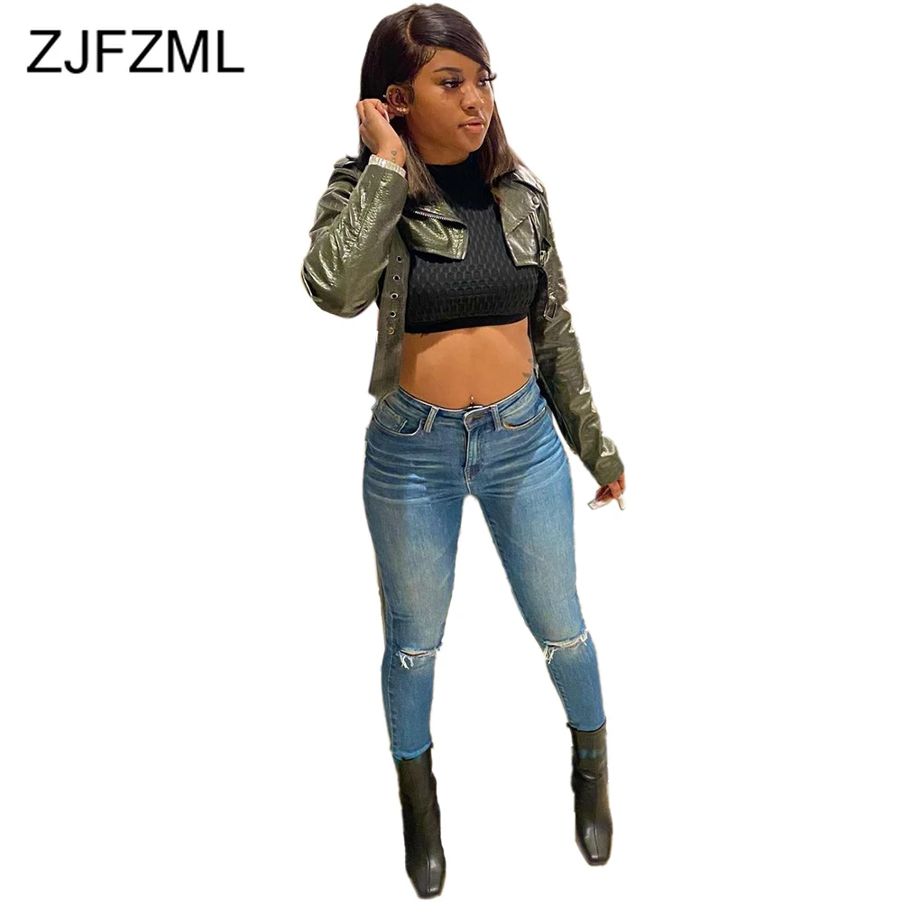 Olive Green Pu Faux Leather Casual 