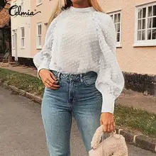 Celmia Sexy Women Mesh Sheer Shirts Fashion See-through Long Sleeve Chiffon Top Transparent White Blouse Stand Collar Blusas 5XL