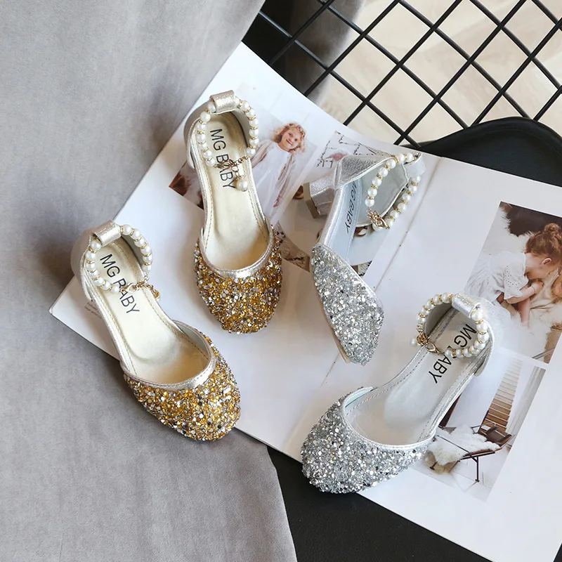 Spring Summer Girls Shoes dance Kids Sequin crystal High heel princess Shoes For wedding and Party Kids Sandals chaussure fille