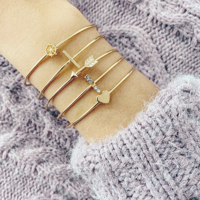 European American New Bracelet Simple Metal Heart Arrow Open-ended Suit 5 Piece Set Gifts for Women Fashion Jewelry | Украшения и