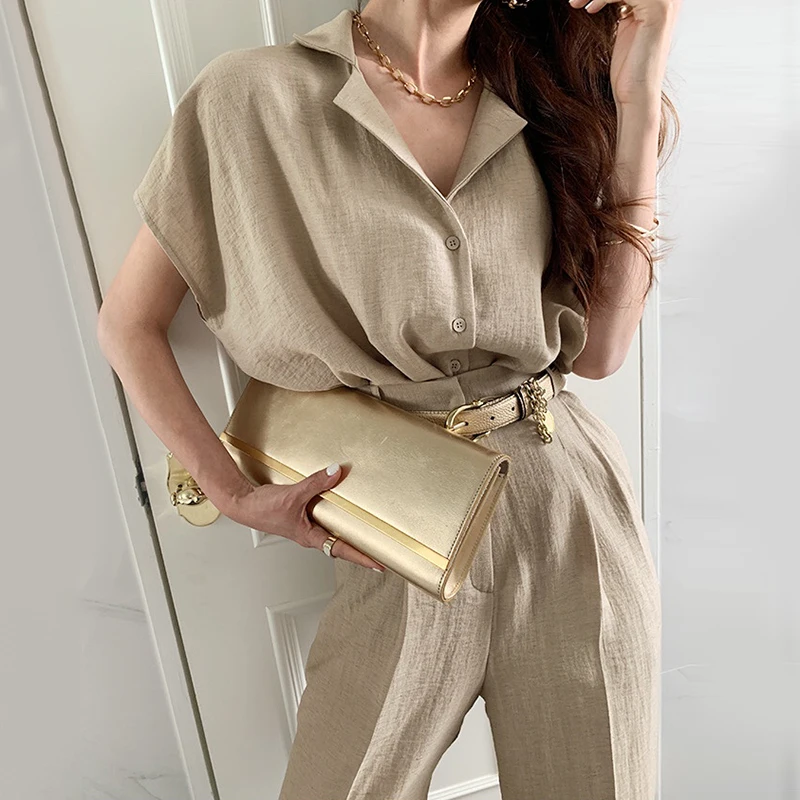 

Korean Office Lady Two Piece Set Women 2 Piece Sets Womens Outfits Solid Khaki Short Sleeve Shirt Top + High Waist Wide-leg Pant