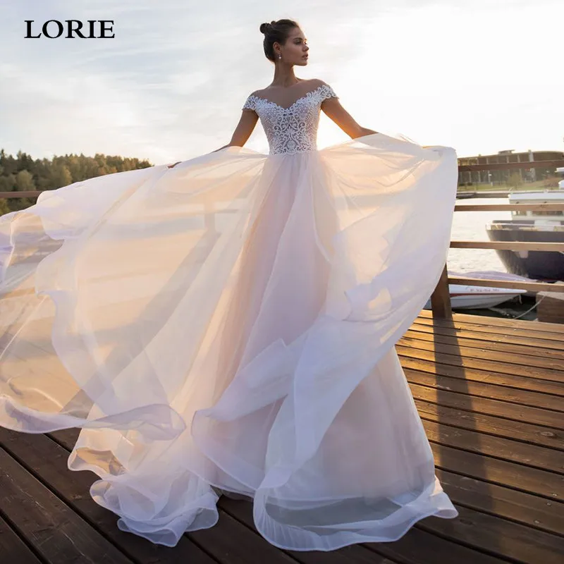 

LORIE Light Pink Princess Wedding Dress Cap Beach Appliqued Lace Bride Dress A-Line Tulle Boho Wedding Gown Vestido de novia