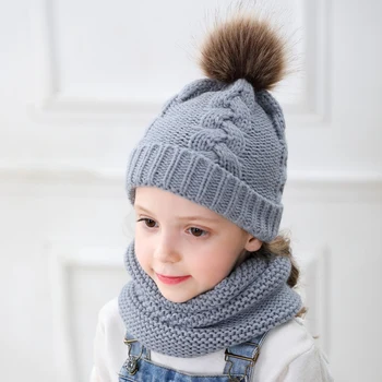 

Baby Hat Scarf Set Solid Color Wool Knitted Super Warm Winter Beanies With Plush Balls 0-3T