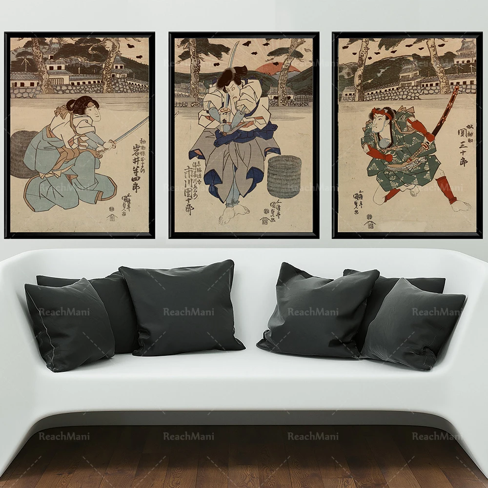 Samurai Retro Triptych Samurai Prints Set Da 3 Pezzi Retro Japanese Warriors Retro Poster Art Samurai Battle Wall Poster