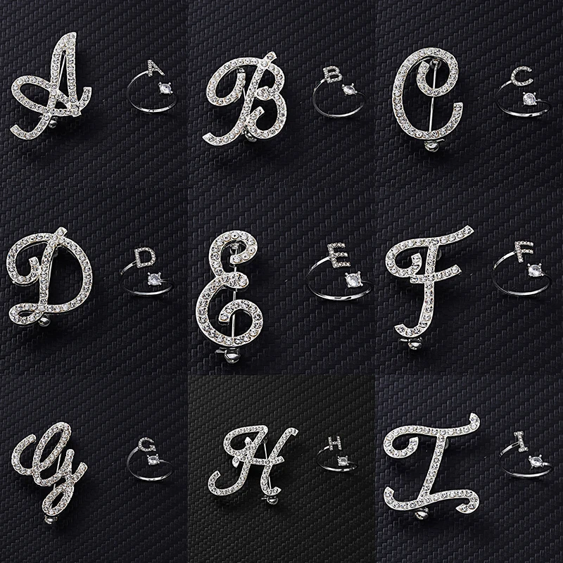 2PCS New A Z Letters Name Brooch Pins Rhinestone Crystal Initial Brooch