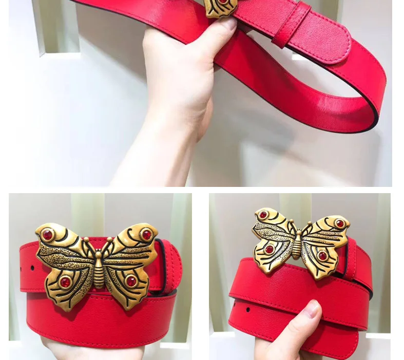 Women geniue leather belt female fashion cool female butterfly buckle belts new black red