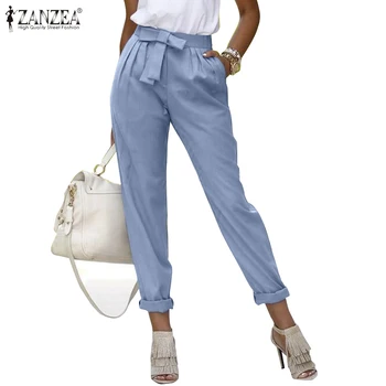 

Long Trousers ZANZEA Women's Pants OL Pants Casual Solid Loose Pockets Bow Zipper Up High Waist Straight Pantalon Femme Palazzo