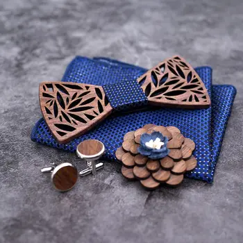 

Wooden Bow Tie Gift Box Premium Quality Walnut Wood Bow-tie With Handkerchief Brooch And Cuff-links