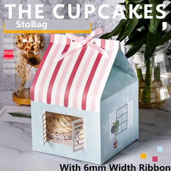 

StoBag 5pcs Christmas House Box With Window Muffin Cup Cake Box Chocolate Biscuit Nougat Packaging Baby Birthday Party Gift