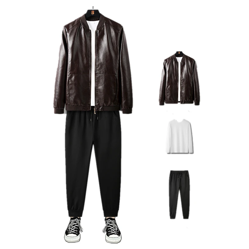 

Mens 3 Piece Suits Stand Collar Faux Leather Jackets American Thicken Warm Outwear Joggers Pants Crewneck Sweatshirt