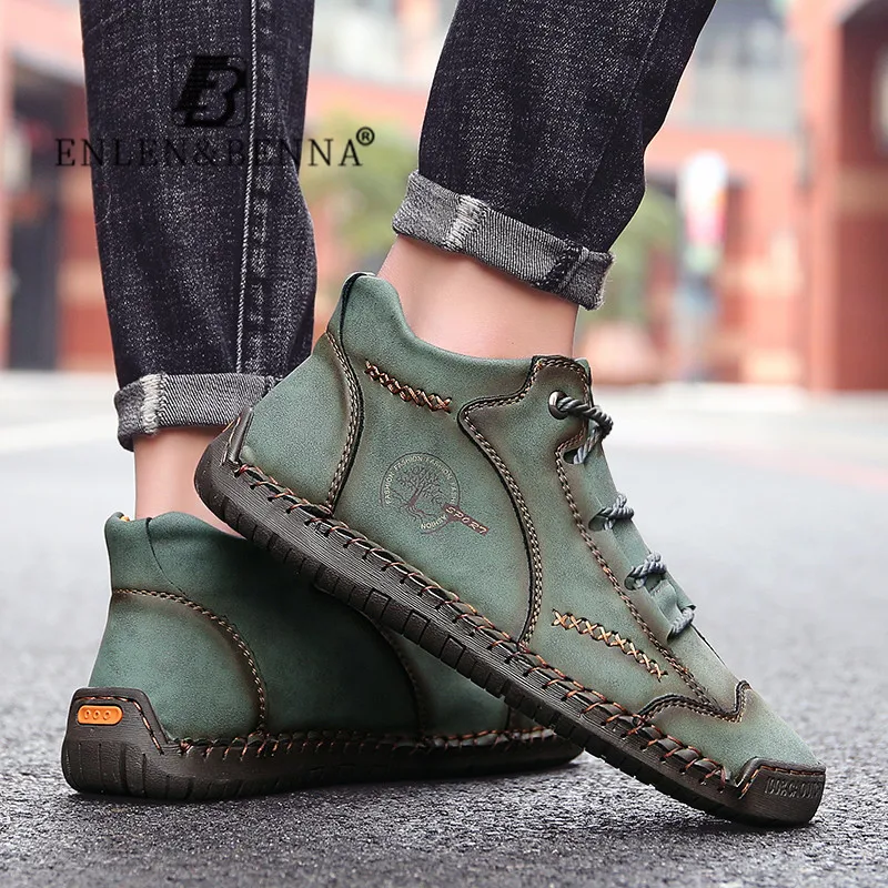 2021 Leather Boots Men Vintage Casual Boots for Men MediumTop Retro Split Sneakers Ankle Shoes Hand Stitching Plus Size 3948