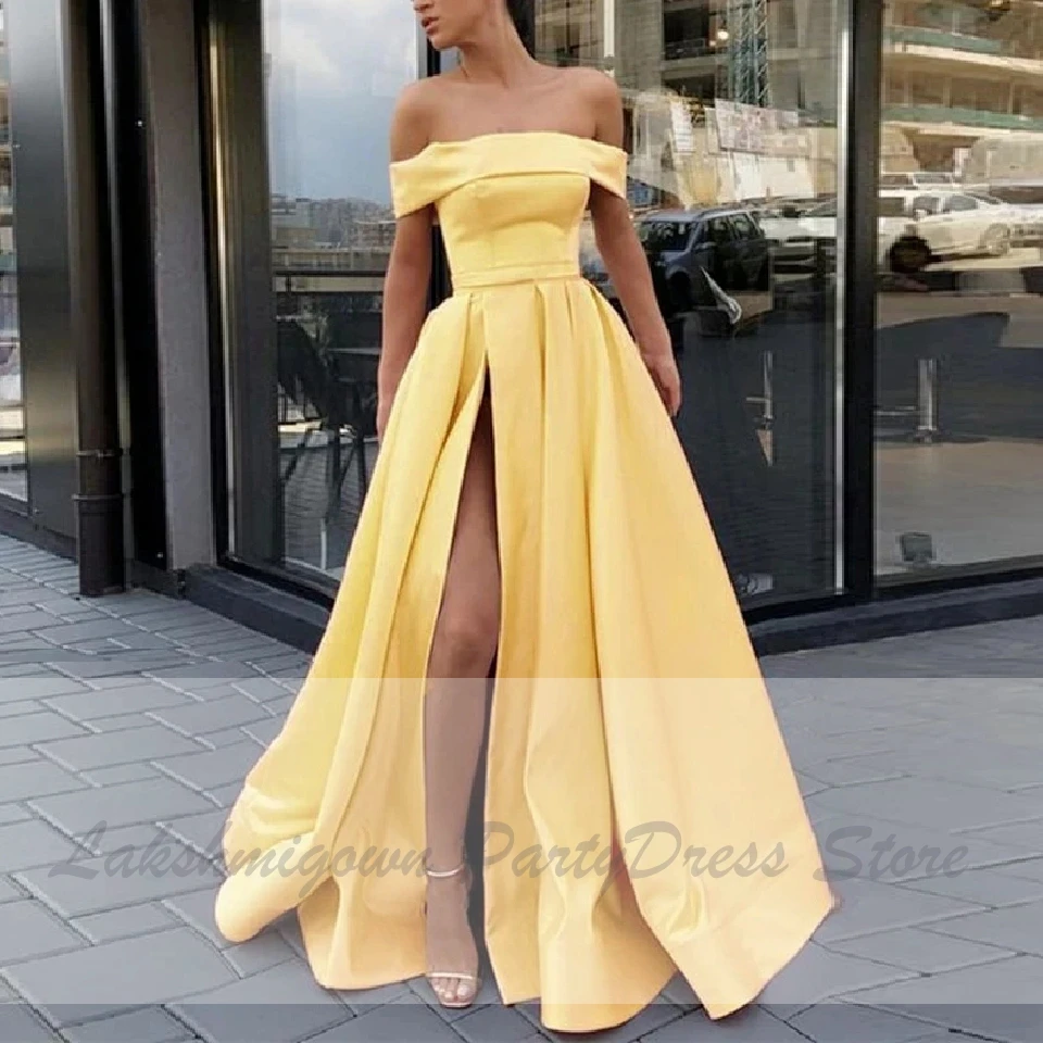 satin yellow prom dress