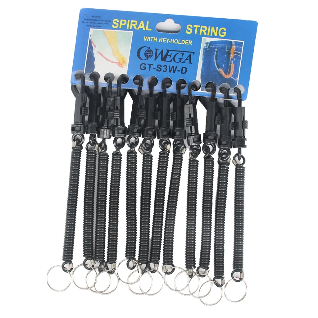 12 Black Keyring Spiral Plastic Key Chain Stretchable String Key Clip Holder