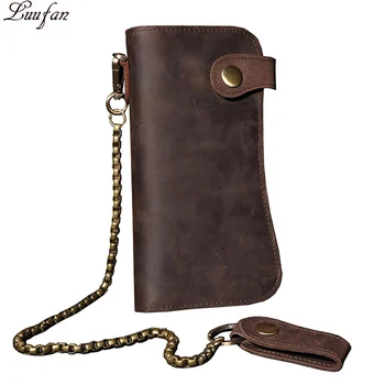 

Men's Vintage Crazy Horse Leather Chain Wallet Genuine Leather Bifold Long Wallet Snap Card Holder Purse Zipper Coin Rfid Pocket