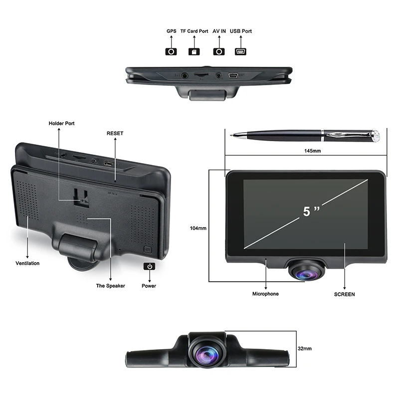 SUNWAYI 2020 Hot Sale Dual Record 360 5 inch 1080P Car Dash Cam DVR carblackbox PI50  for Car Parking Monitor Panorama Record
