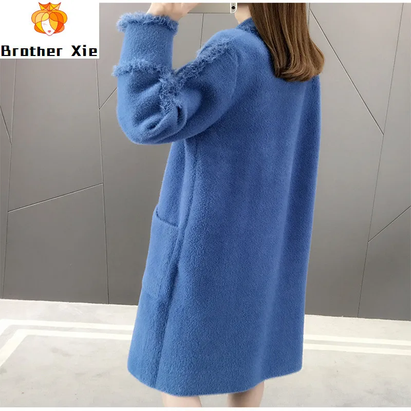 

Size Plus Woolen Long Winter Warm Overcoat Spring Coat Knitted Cardigan Solid V-neck Trench Coat For Women Mink Artificial Mink