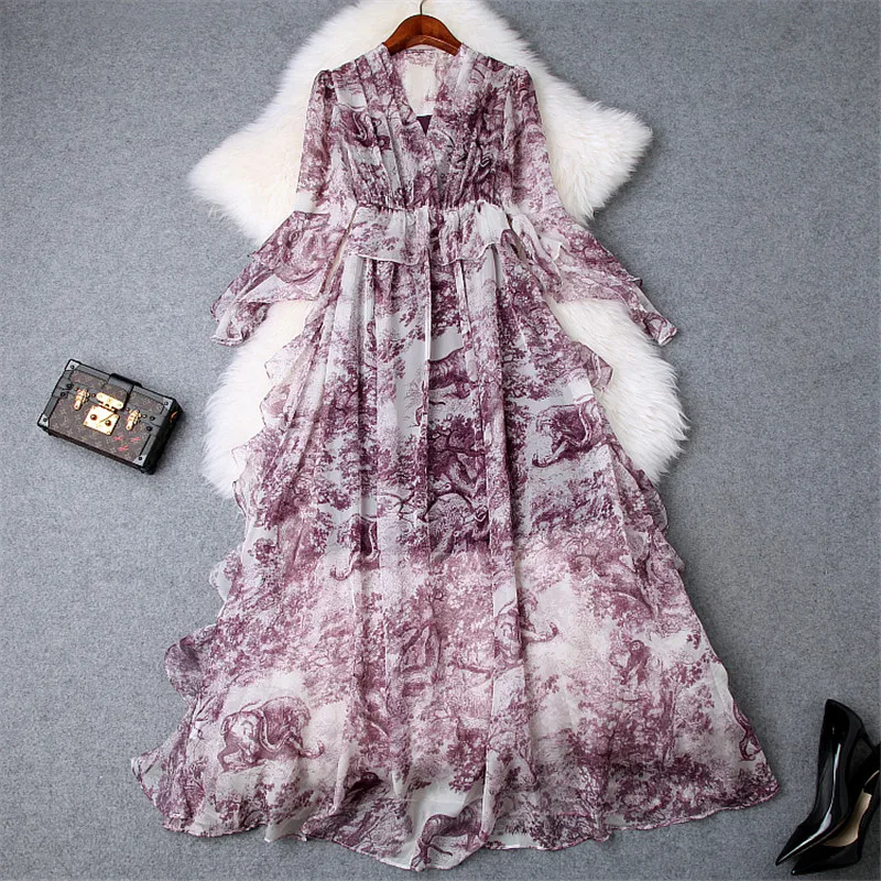Винтажное длинное шифоновое платье с животным принтом, летнее Повседневное платье с v-образным вырезом и оборками, большие размеры 3XL, дизайнерское платье для подиума