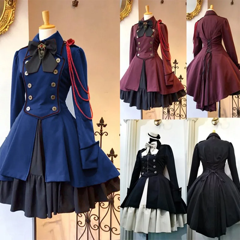 

New Medieval Renaissance Vintage Gothic Lolita Dress Cosplay Ruffle Bow tie Button Lace Up Knee Length Dress Long Sleeve Dresses
