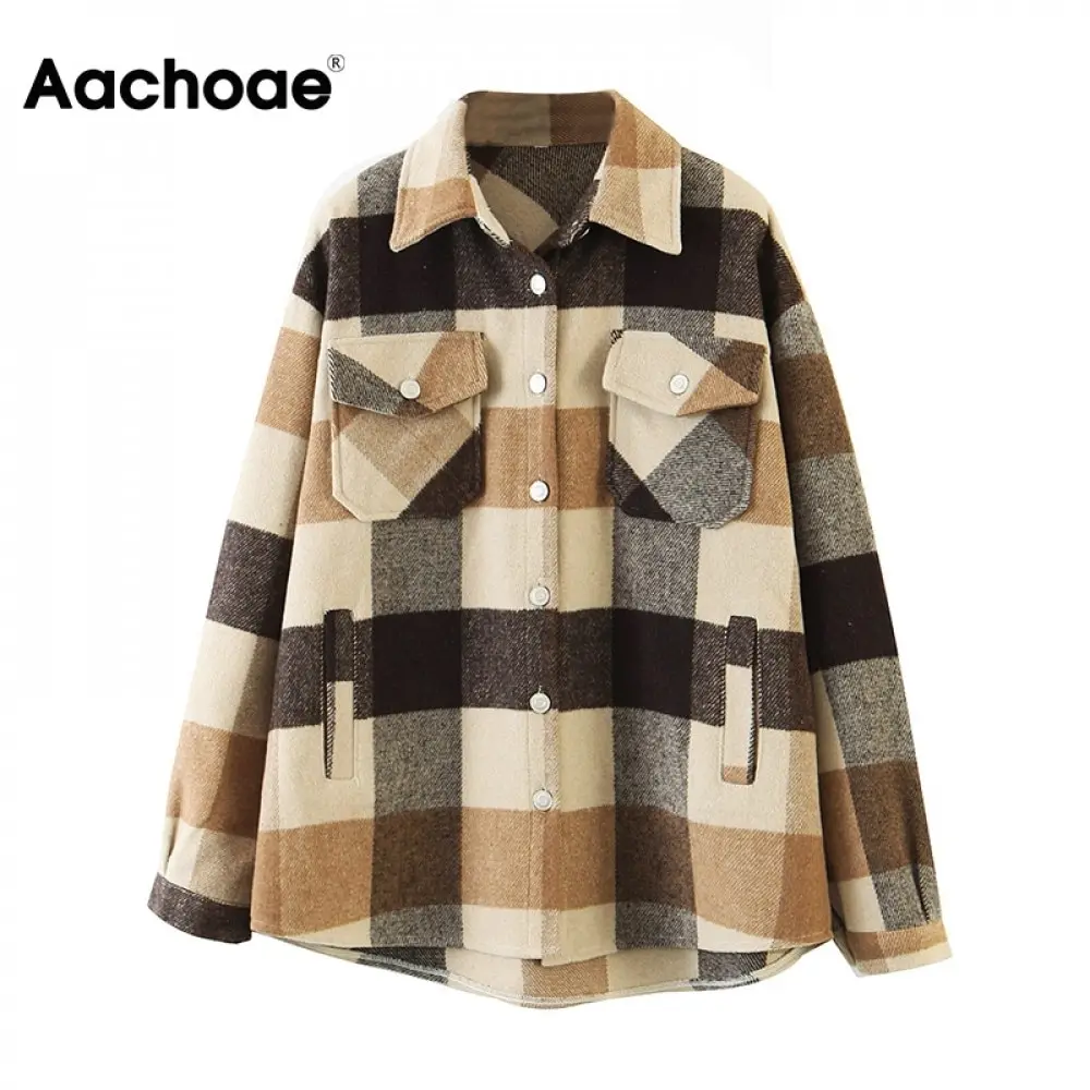 Aachoae Loose Casual Wool Plaid Jacket Women Turn Down Collar Fashion Coat With Pockets Autumn Long Sleeve Ladies Jackets Coats