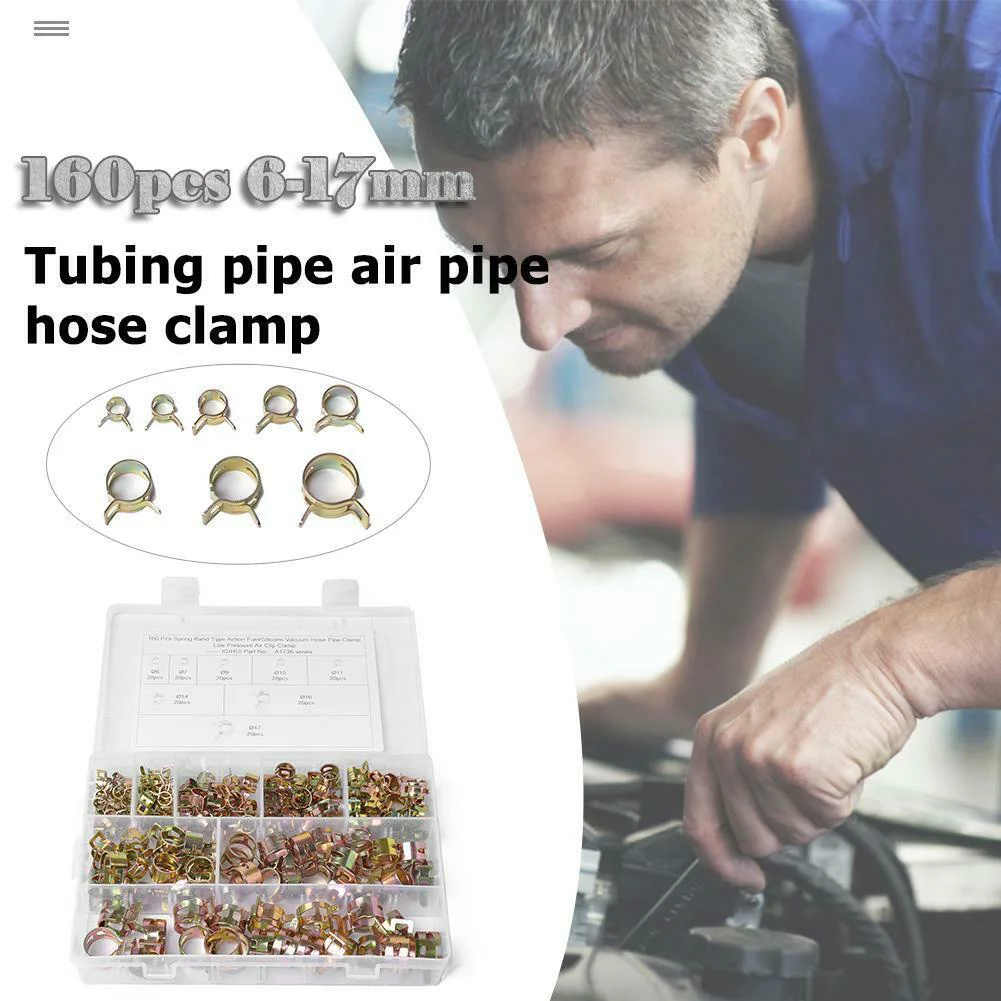 

160pcs/set With Box Accessories Durable Spring Clip Vacuum Hose Fuel Line Clamps Car Steel Fastener 6-17mm Assortment Air Tube