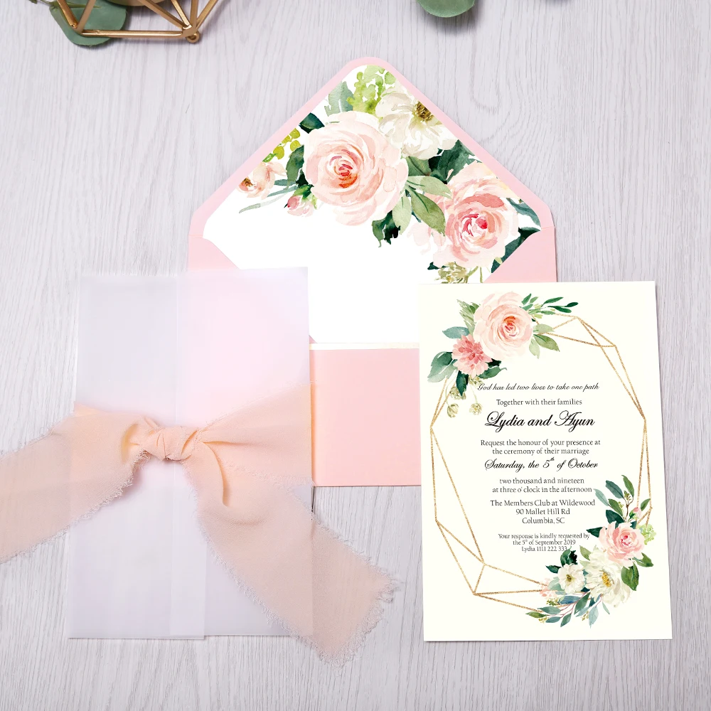 100pcs Invitations Cards Bridal Baby Shower Invite Birthday Dinner Invites Pink pocket with Flower