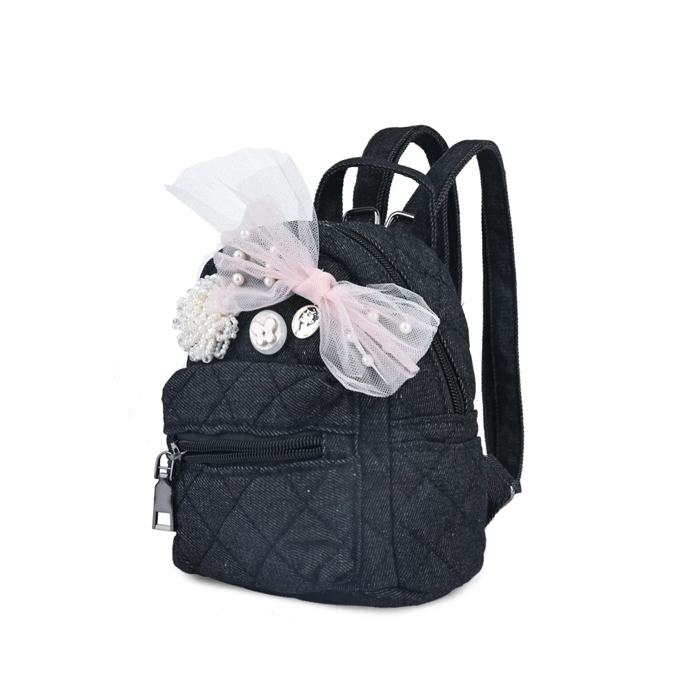 Редкий креативный мини-рюкзак для женщин, джинсовые сумки на плечо для девочек-подростков, детские маленькие сумки с бантом и жемчугом, Женский школьный рюкзак BS8001 - Цвет: Black