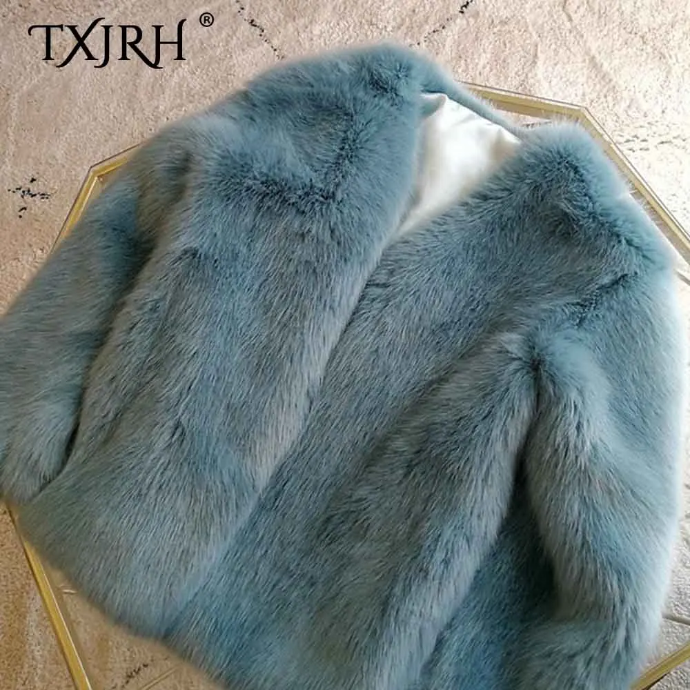 TXJRH стильное пальто с искусственным лисьим мехом зимняя куртка с v-образным вырезом в Корейском стиле с длинными рукавами, сохраняющая тепло, с искусственным мехом макарон, синяя куртка верхняя одежда, топы