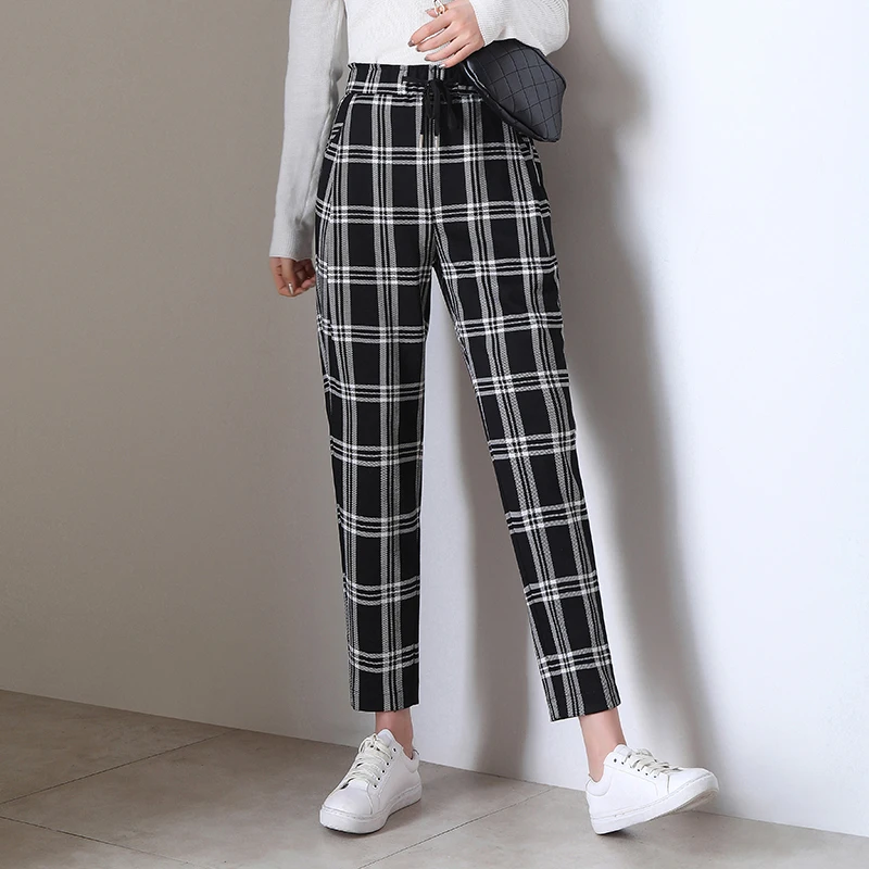 

Japanese Harajuku Casual Pants Women 2020Fashion Lace Up High Waist Ankle Length Loose Skinny Plaid Harem Pants