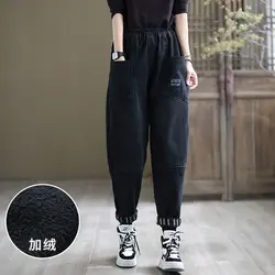 Calças de brim femininas outono e inverno além de veludo grosso solto tamanho grande retro cintura elástica preto casual calças femininas harem