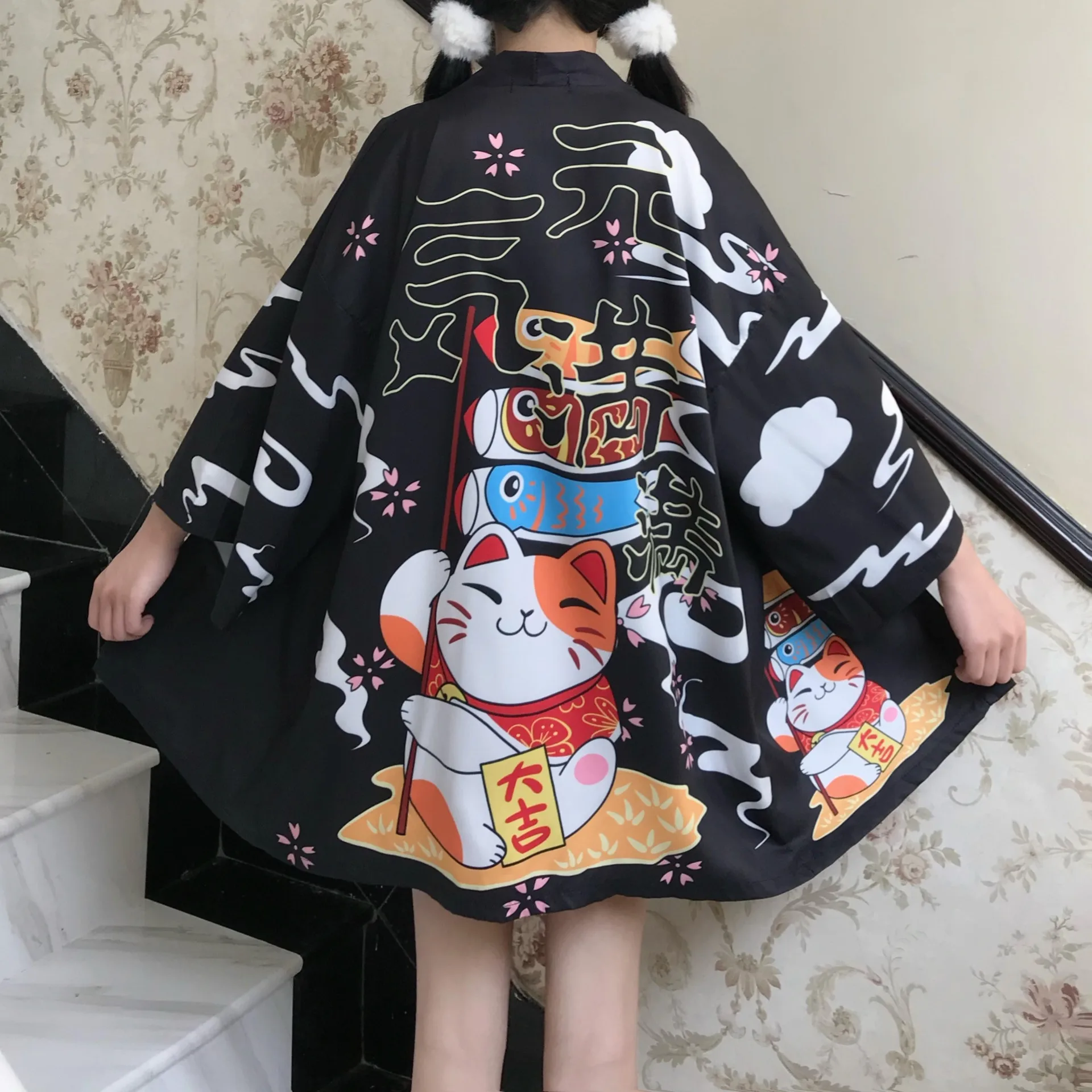 Кимоно с рисунком Lucky Cat женское японское кимоно кардиган рубашка блузка для