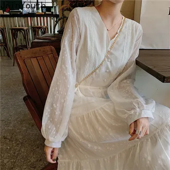 

JoinYouth Gentle White Solid Elegant Long Dresses 2020 Korean Spring Women Dress High Waist V Neck Vestidos Fashion J630