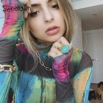 

Sweetown Tie Dye Gradient Print Transparent Sexy Mesh Top Shirt Women Turtleneck Long Sleeve Autumn Spring Basic Cute T-Shirt