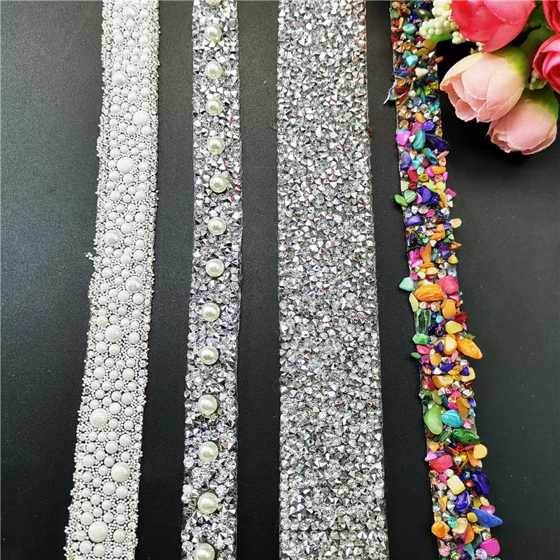 40cm White Pearl Beaded Lace Tape Lace Ribbon hot fix Fabric Collar Dress iron on Garment Headdress shoes DIY Materials silk bow knot rosette