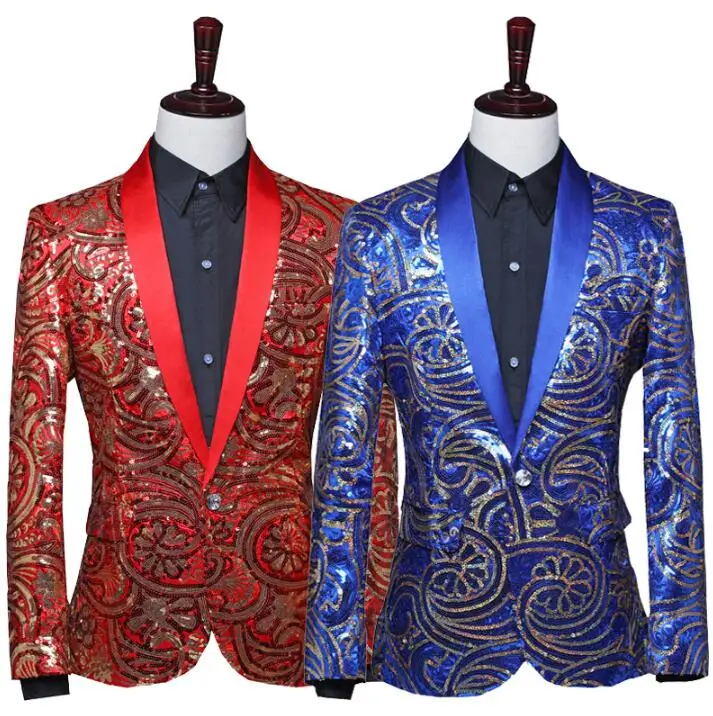 

Man Handsome Long Sleeves Coat Stage Performance Blue Red Jacket