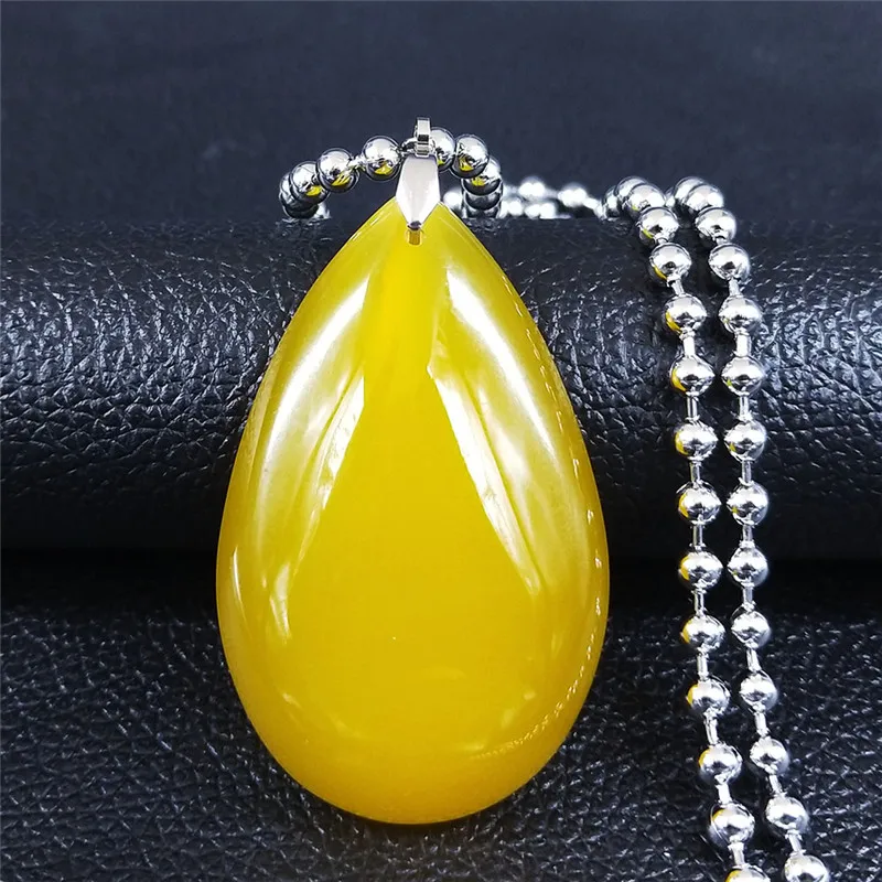 Yellow Natural Stone Stainless Steel Necklaces Women Silver Color Drop Water Chain Necklace