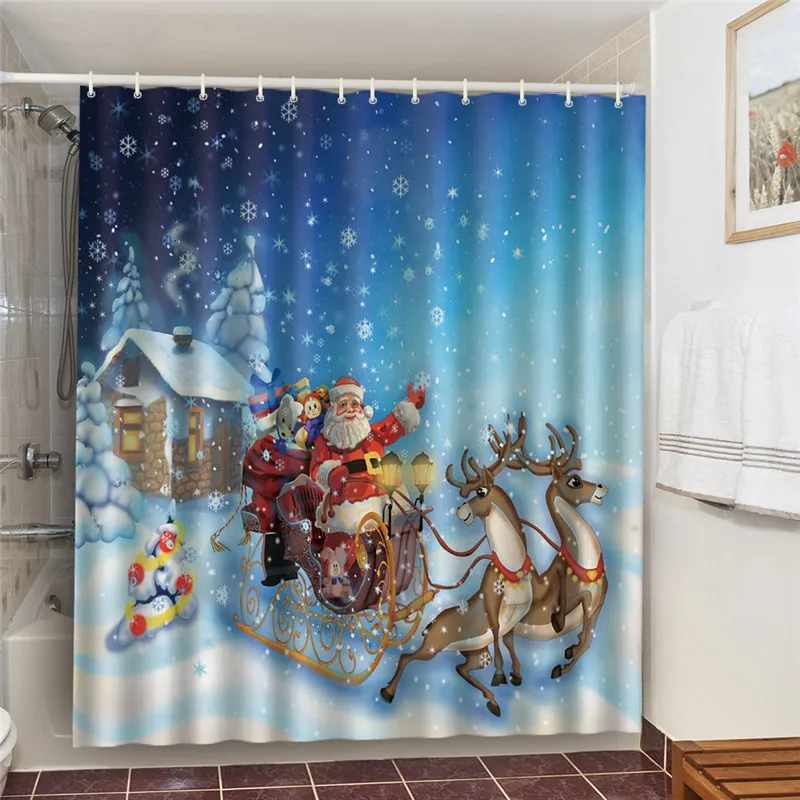 Christmas Reindeer And Sleigh Waterproof Fabric Bathroom Shower Curtain 71Inch 