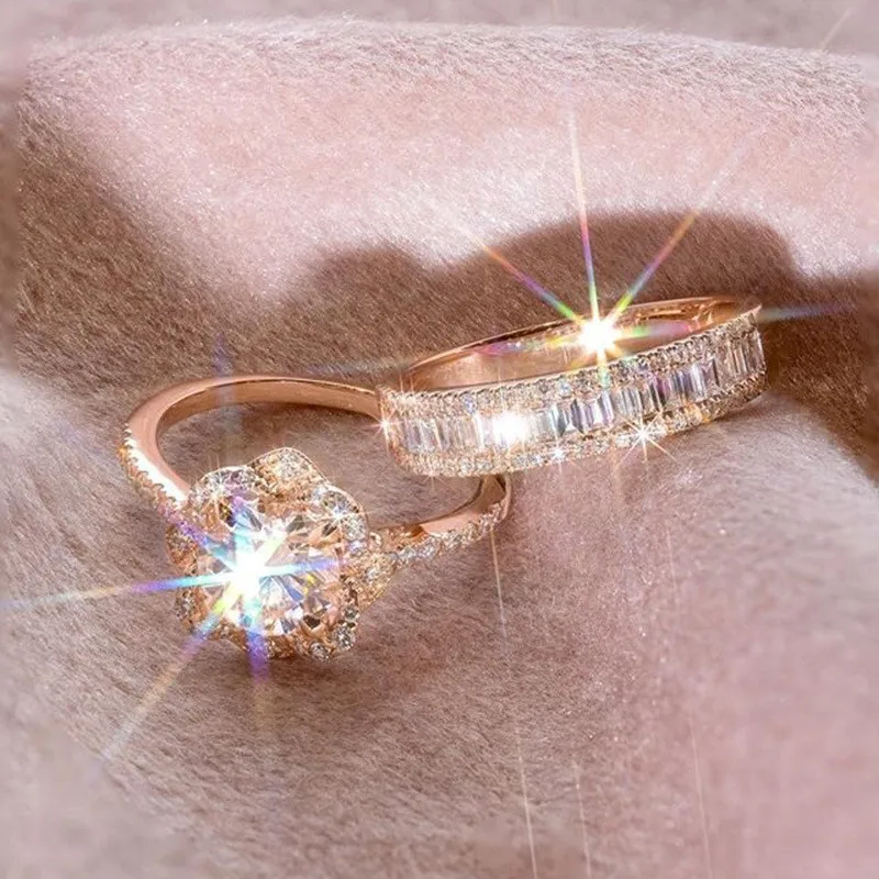Роскошный женский набор колец из серебра 925 пробы с кристаллами и цирконием, винтажные Свадебные Кольца из розового золота для женщин, Свадебные обручальные кольца с цветами