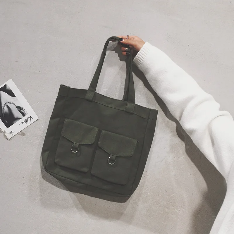 

Ougger Little Women's Shoulder Bags Handbags Summer Green Canvas Large Capacity Popular Simple Solid Bags with Zipper Hasp
