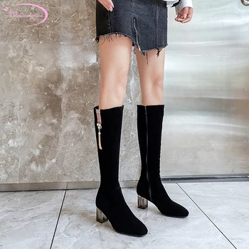 

Casual comfortable round toe knee high boots fashion beaded crystal tassel black high heels thick riding boots women's shoes