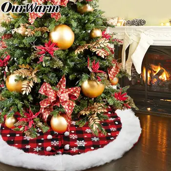 

OurWarm Christmas Tree Skirt White Plush Buffalo Plaid Faux Fur Tree Skirt For Home Merry Christmas Xmas Party Decoration 48inch