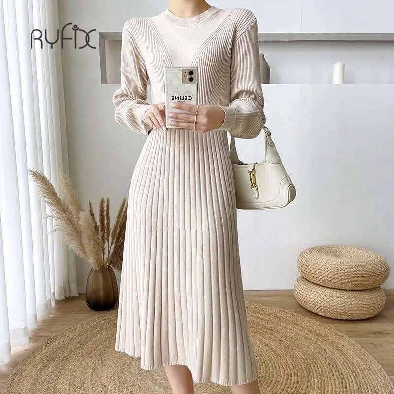 

RYFIX Knitted Dresses Women 2021 Autumn Winter Long Sleeves O-Neck white Vintage Female Fashion Color A-Line Sweater Dress Maxi